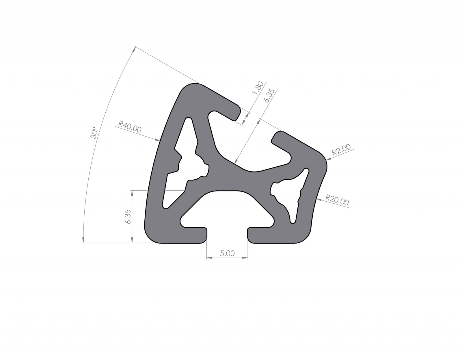 Aluminum profile R20x40 groove 5 I-typ 30°